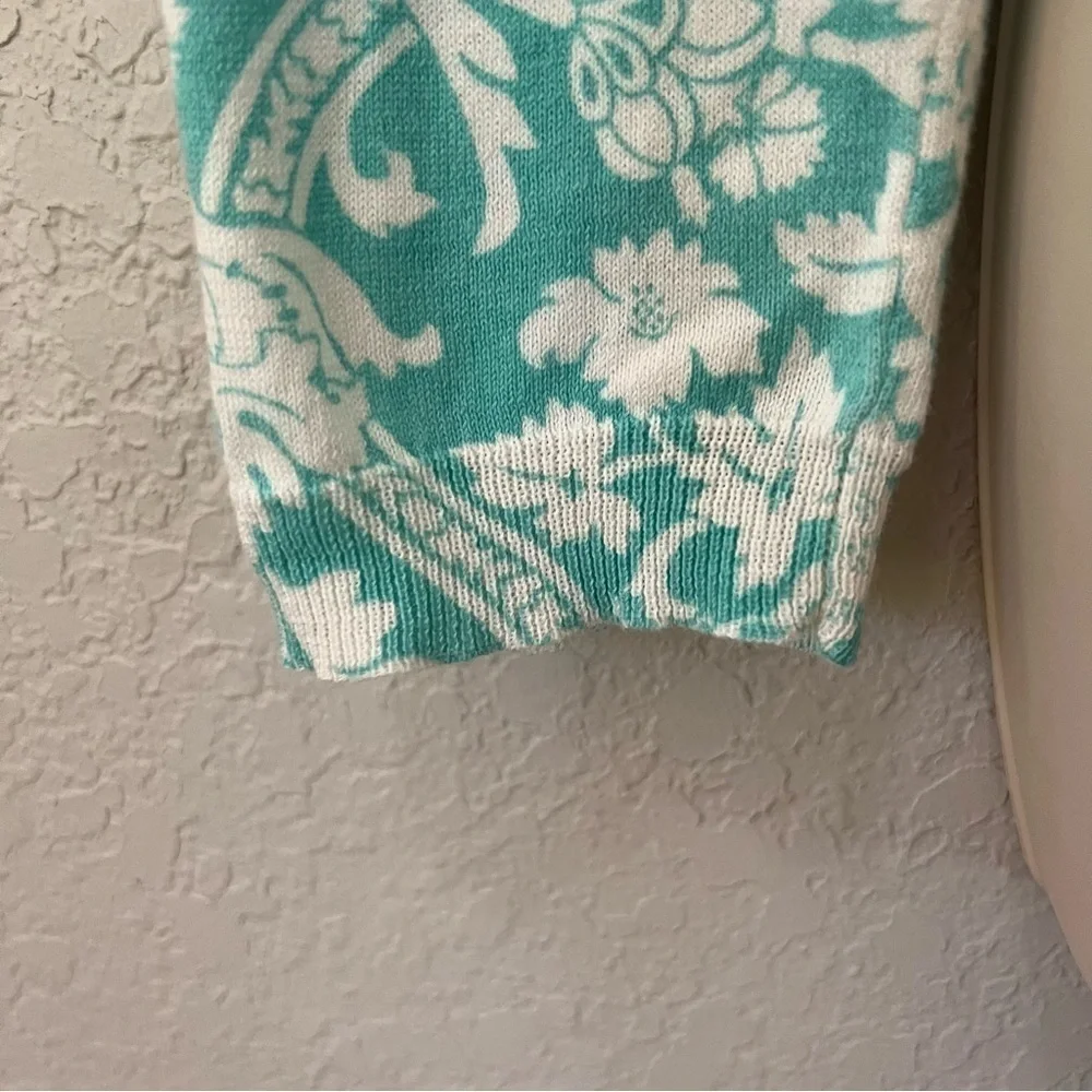 𝅺ann Taylor LOFT teal & white detailed button up sweater, S, floral pineapples. - Picture 7 of 13